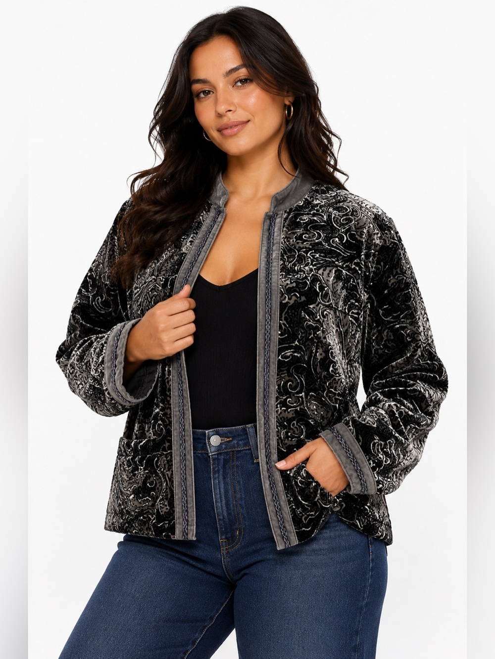 90s/Y2K Vintage Chico’s Silk Velvet Paisley Jacquard Open Jacket Silver/Grey M/L